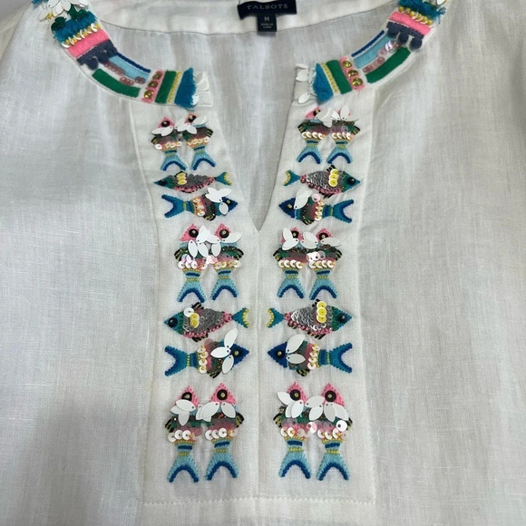 Talbots 100% Linen White Embroidered Fish  Shirt Bell Sleeves Size M - Picture 2 of 13